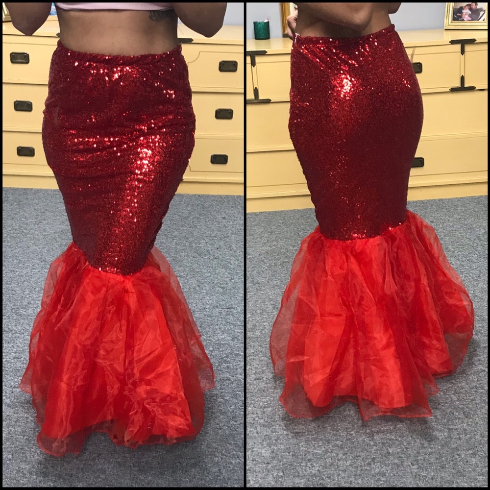 Red high waisted Sequin Ariel Mermaid Skirt Train